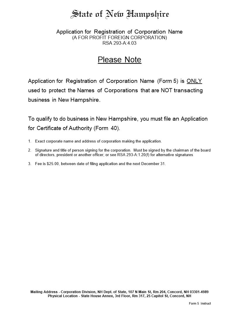 Application For Registration Of Corporate Name (Foreign Corp) {5} | Pdf Fpdf Docx | New Hampshire