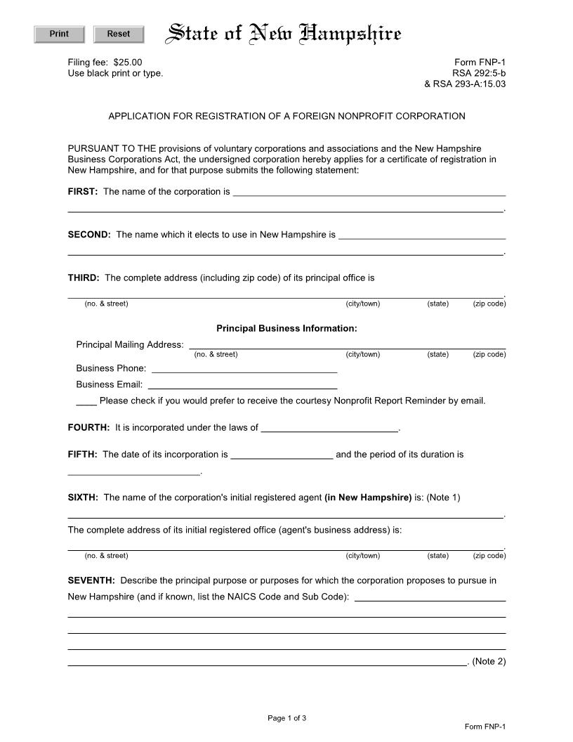 Application For Registration Of Foreign Nonprofit Corp {FNP-1} | Pdf Fpdf Docx | New Hampshire