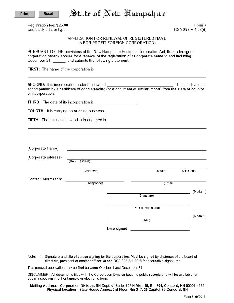 Application For Renewal Of Registered Name (Foreign Corp) {7} | Pdf Fpdf Docx | New Hampshire