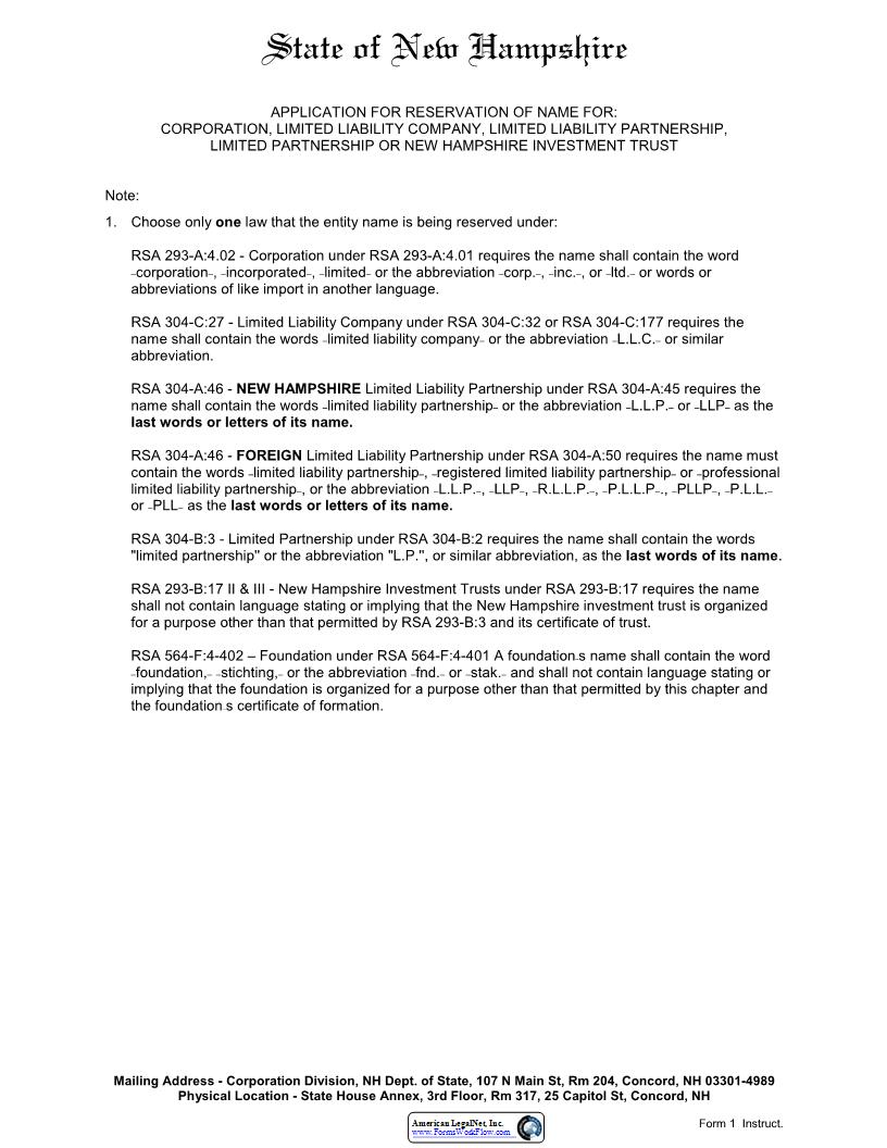 Application For Reservation Of Name {1} | Pdf Fpdf Docx | New Hampshire