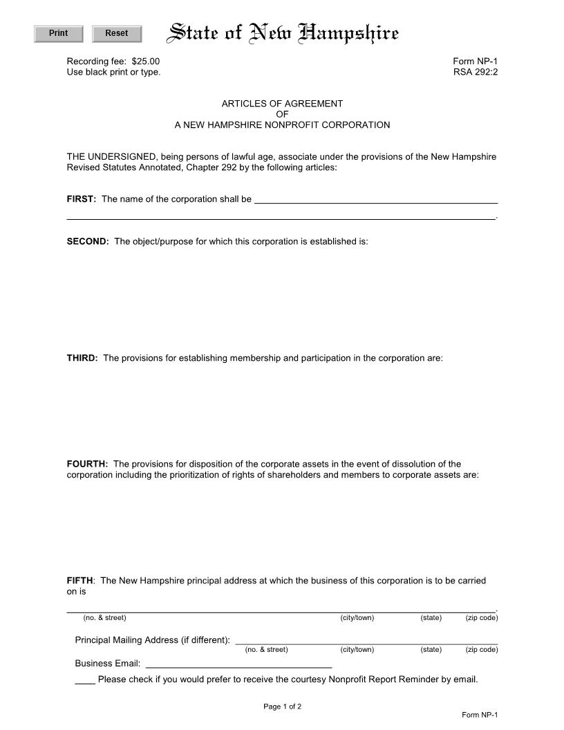Articles Of Agreement Of Nonprofit Corp {NP-1} | Pdf Fpdf Docx | New Hampshire