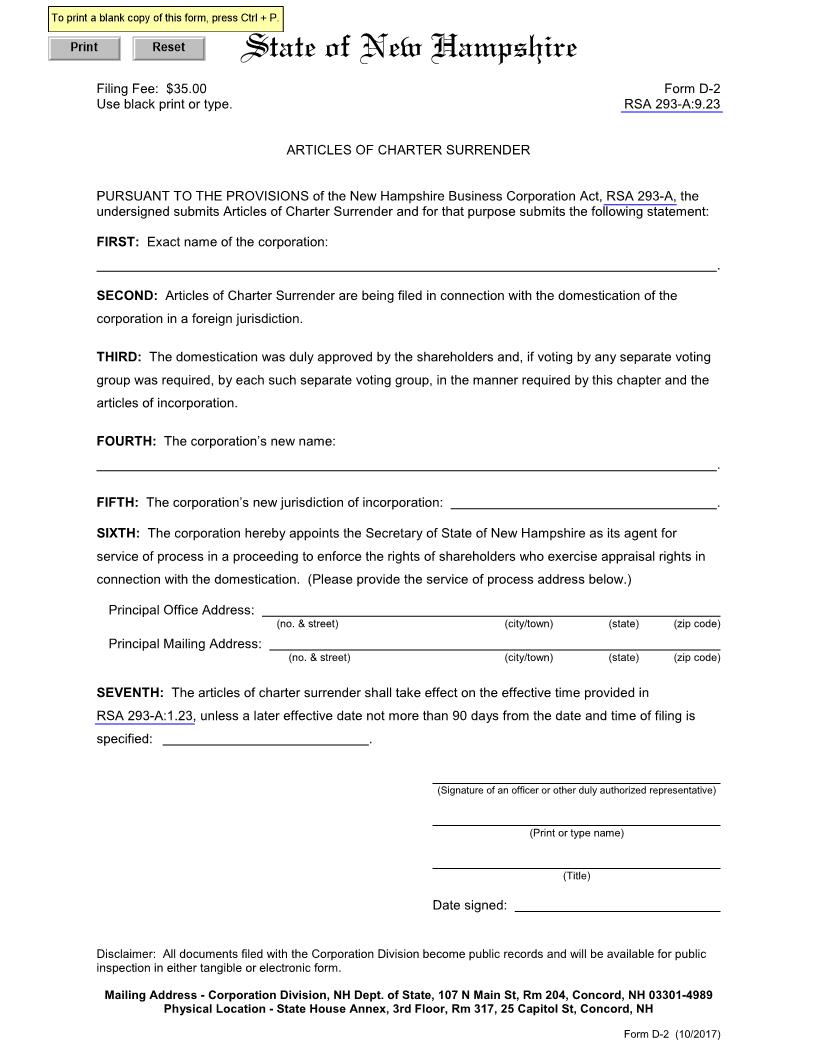 Articles Of Charter Surrender {D-2} | Pdf Fpdf Docx | New Hampshire