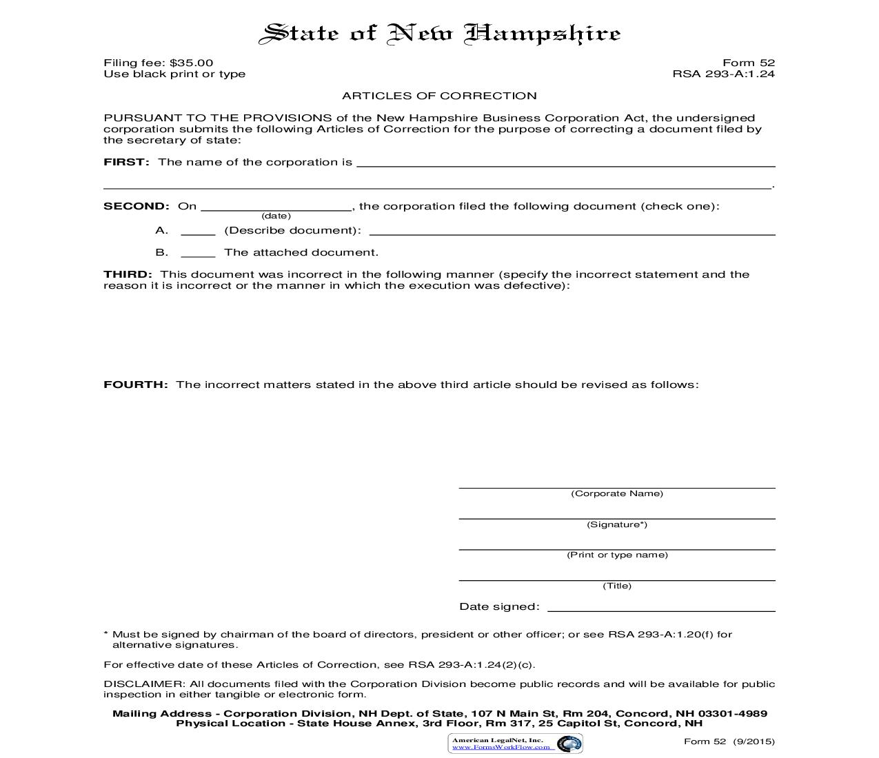 Articles Of Correction {52} | Pdf Fpdf Doc Docx | New Hampshire