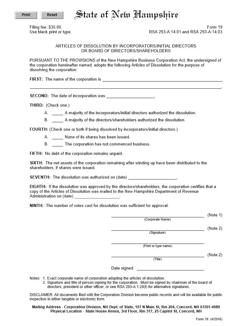 Articles Of Dissolution {19} | Pdf Fpdf Docx | New Hampshire