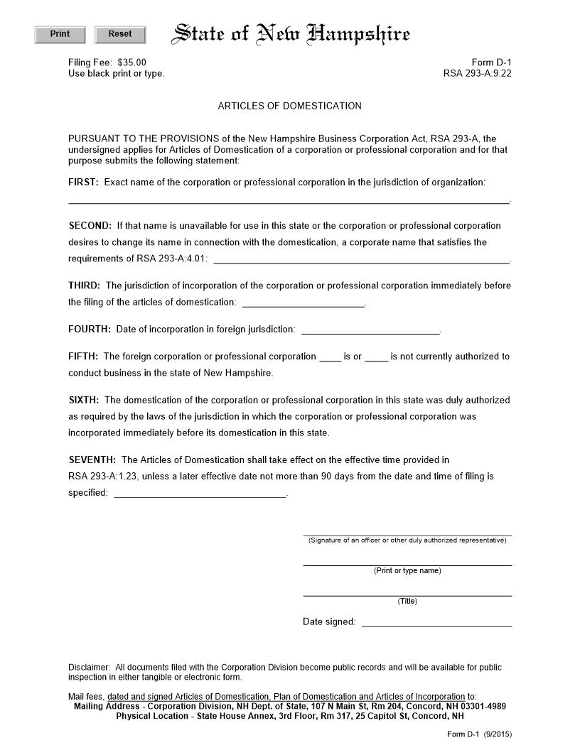 Articles Of Domestication {D-1} | Pdf Fpdf Docx | New Hampshire