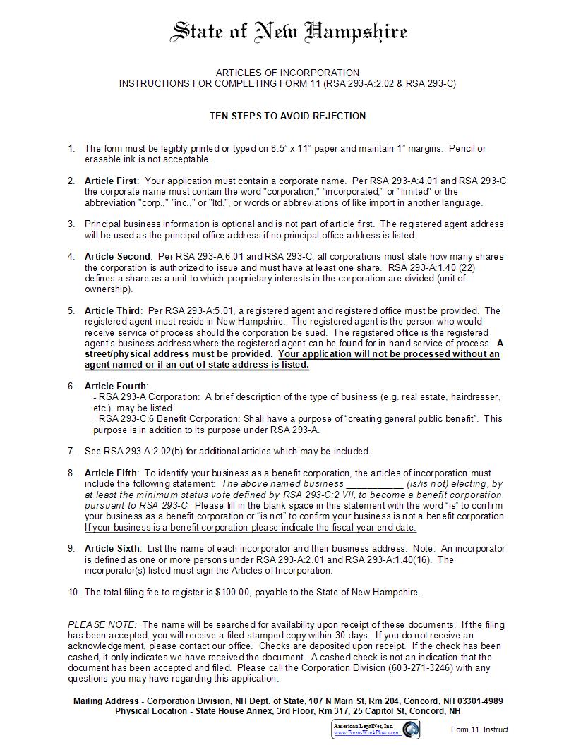 Articles Of Incorporation {11} | Pdf Fpdf Docx | New Hampshire