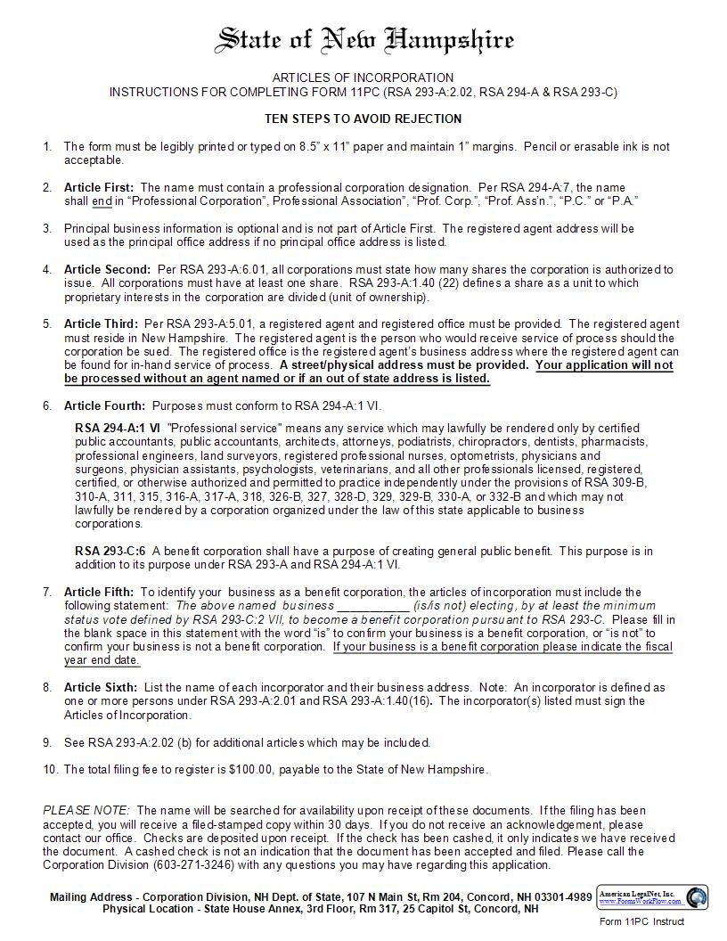 Articles Of Incorporation (For A Professional Corporation) {11PC} | Pdf Fpdf Docx | New Hampshire