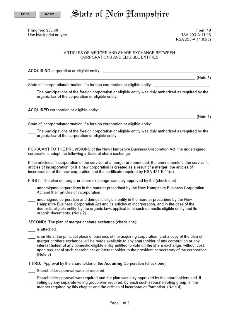 Articles Of Merger Of Corporation and Other Entity {49} | Pdf Fpdf Docx | New Hampshire
