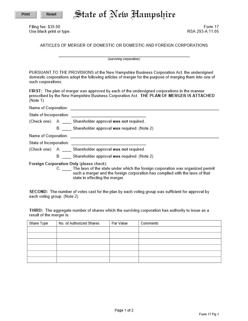 Articles Of Merger Of Corporations {17} | Pdf Fpdf Docx | New Hampshire