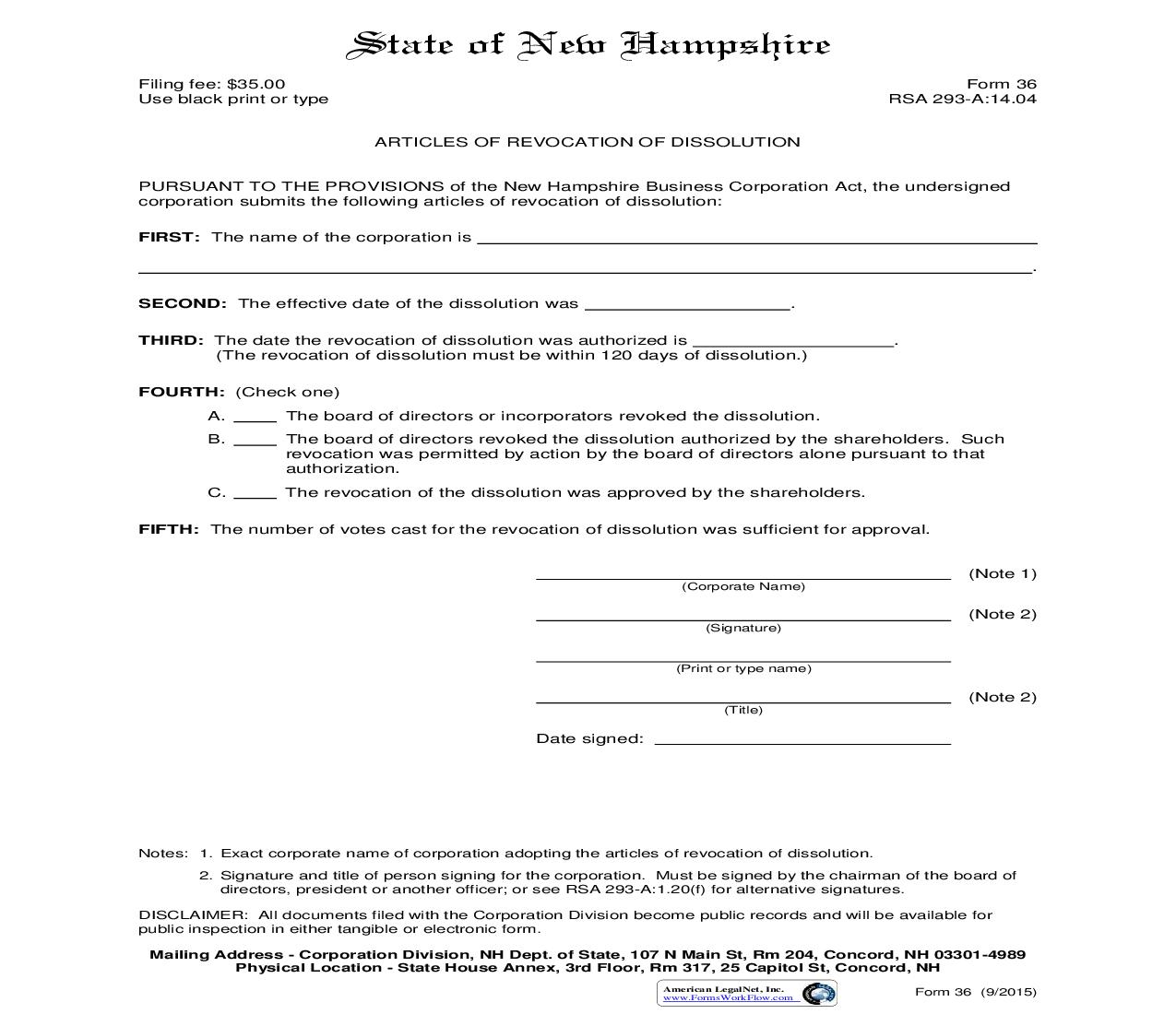 Articles Of Revocation Of Dissolution {36} | Pdf Fpdf Doc Docx | New Hampshire
