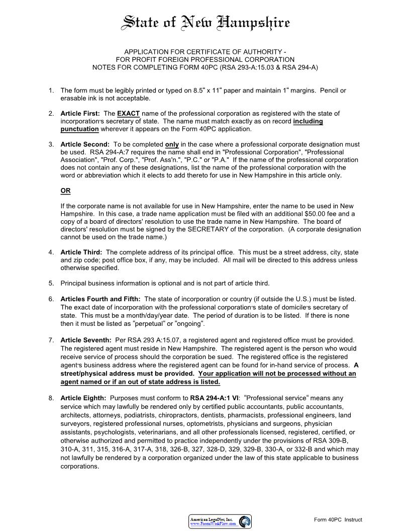 Certificate Of Authority For Foreign PC {40PC} | Pdf Fpdf Docx | New Hampshire