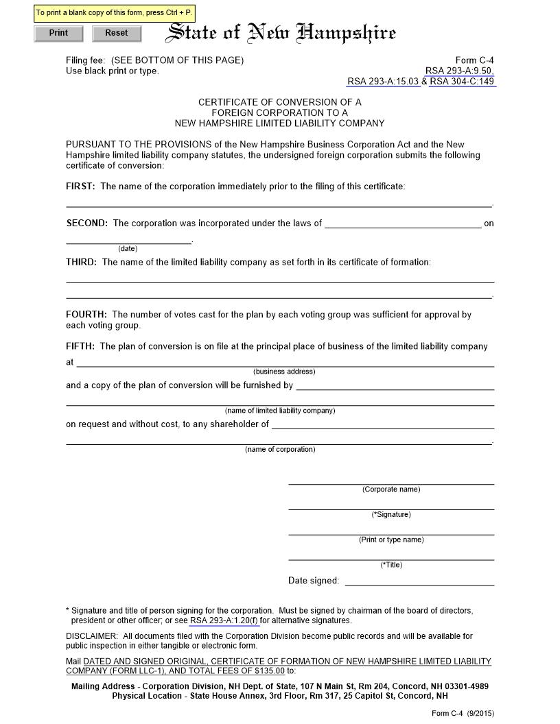 Certificate Of Conversion - Foreign Corp to Domestic LLC {C-4} | Pdf Fpdf Docx | New Hampshire