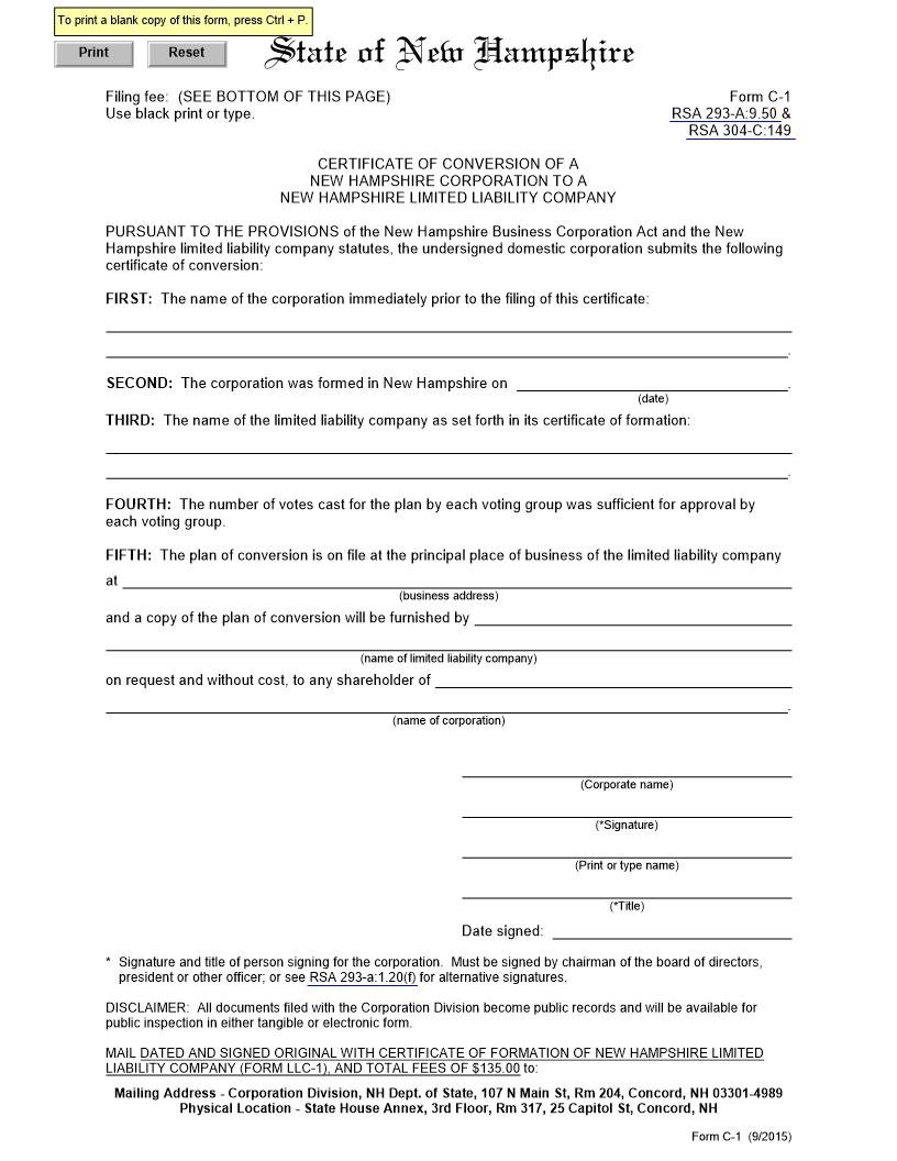 Certificate Of Conversion Of Corp to LLC {C-1} | Pdf Fpdf Docx | New Hampshire