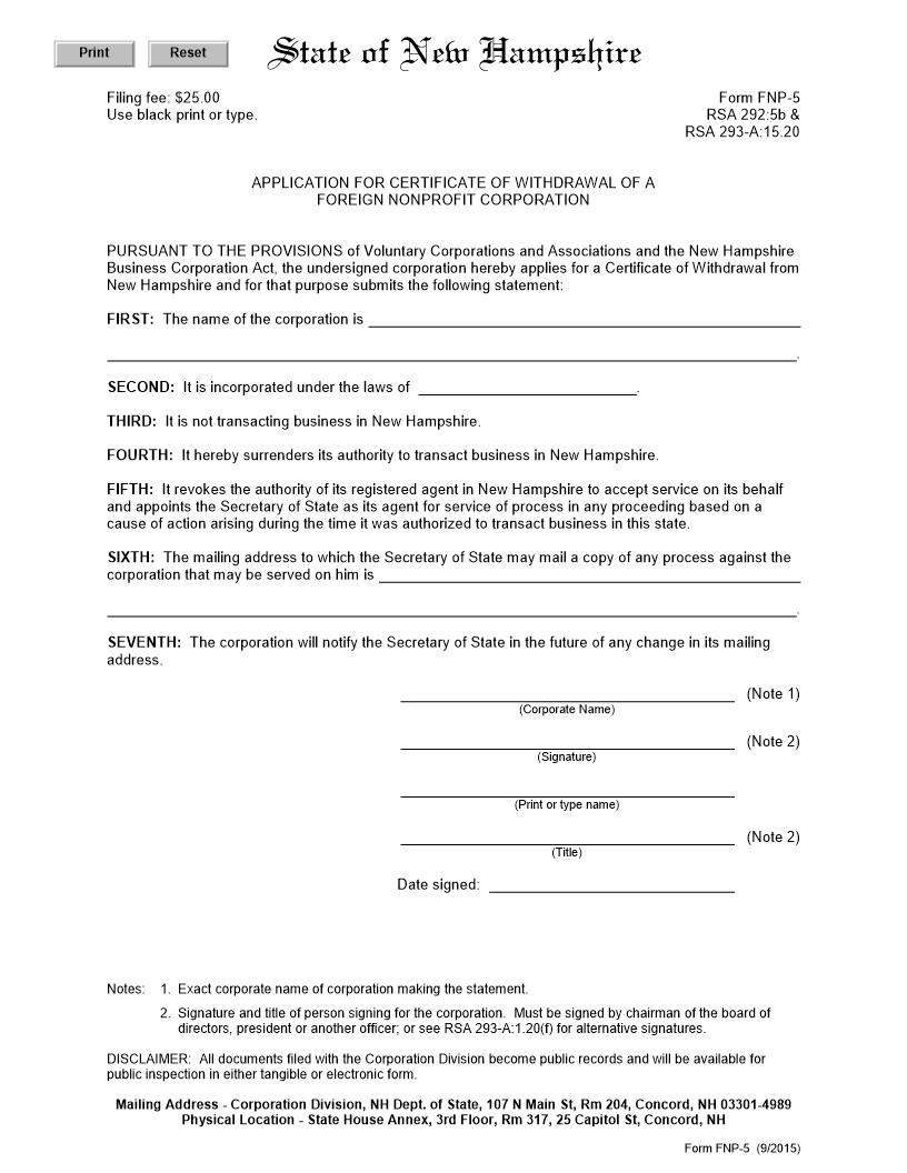 Certificate Of Withdrawal Of Foreign Nonprofit Corp {FNP-5} | Pdf Fpdf Docx | New Hampshire