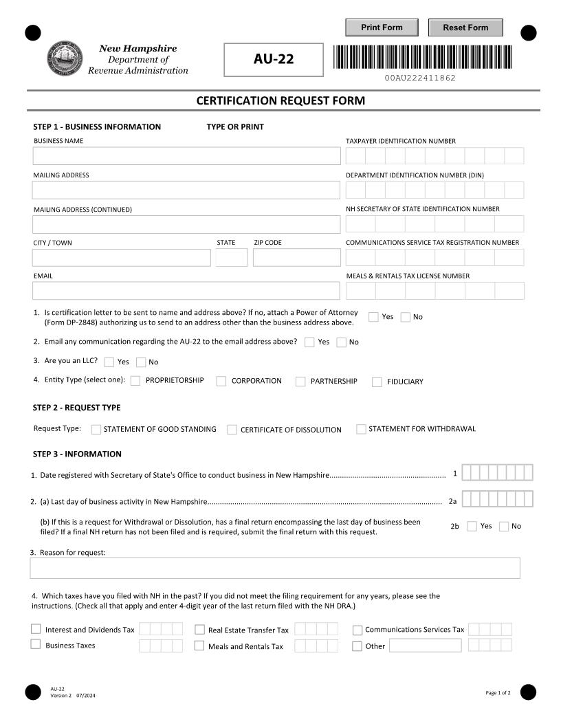 Certification Request Form {AU-22} | Pdf Fpdf Docx | New Hampshire