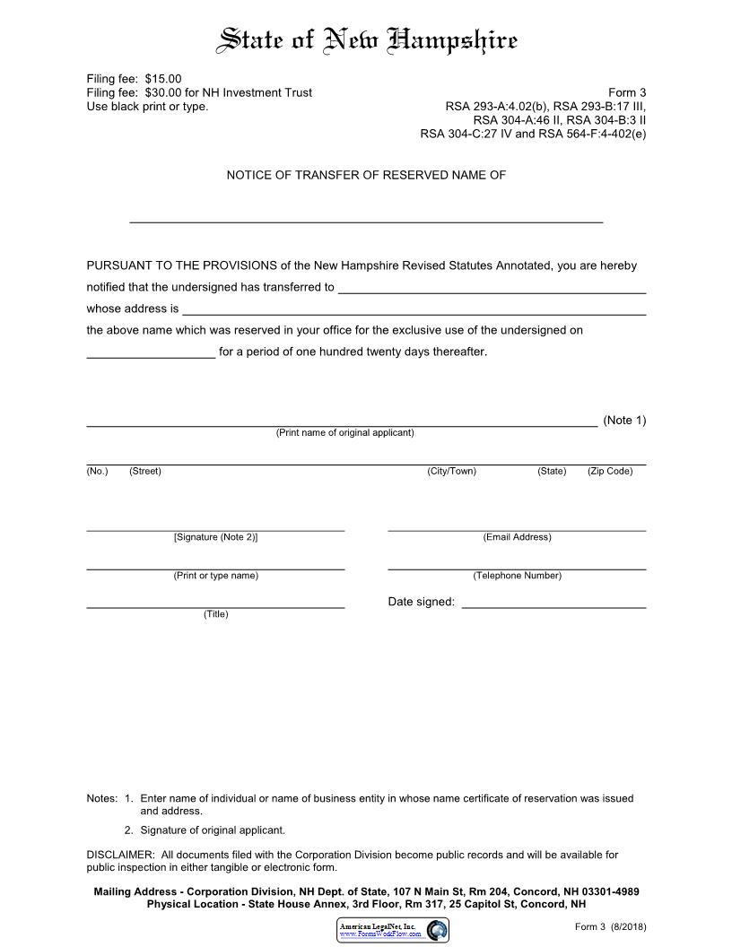 Notice Of Transfer Of Reserved Name {3} | Pdf Fpdf Docx | New Hampshire