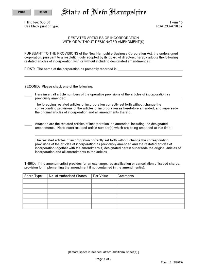 Restated Articles Of Incorporation {15} | Pdf Fpdf Docx | New Hampshire
