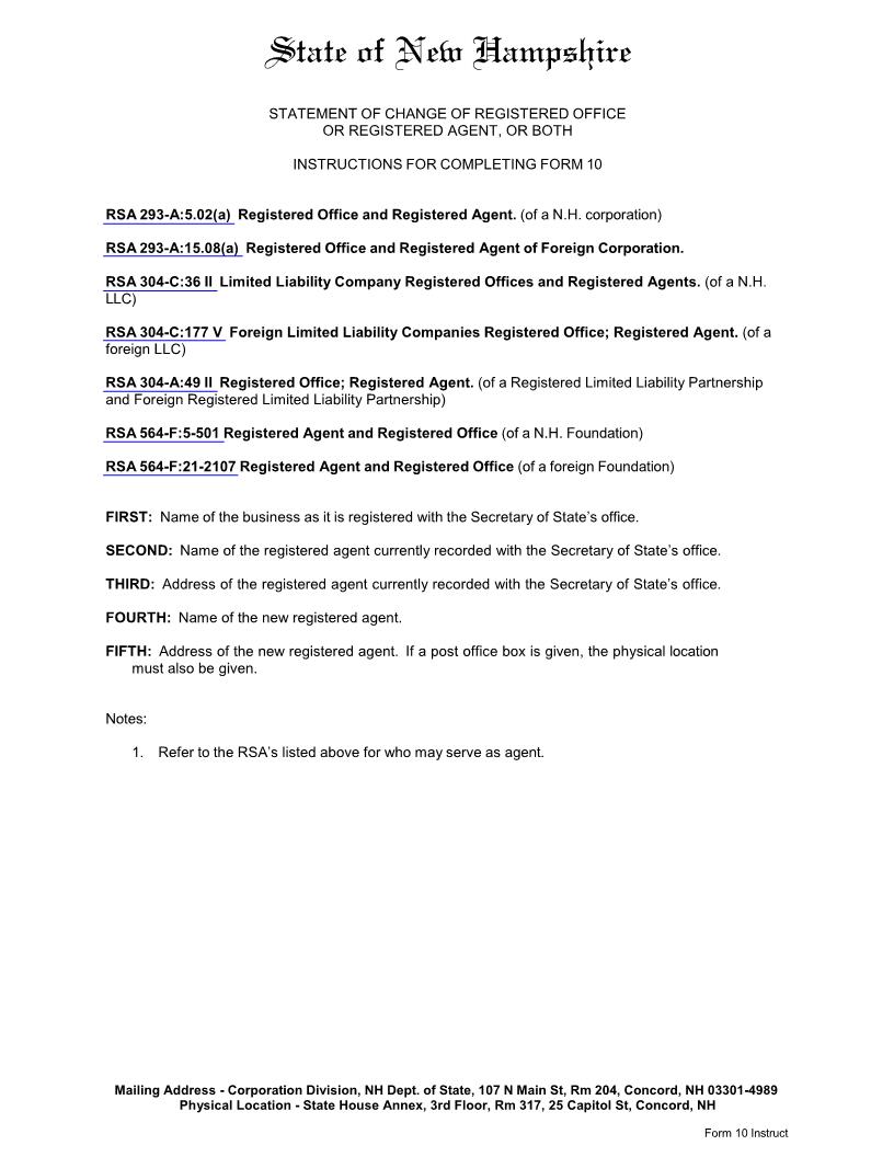 Statement Of Change Of Registered Office Or Registered Agent Or Both {10} | Pdf Fpdf Docx | New Hampshire