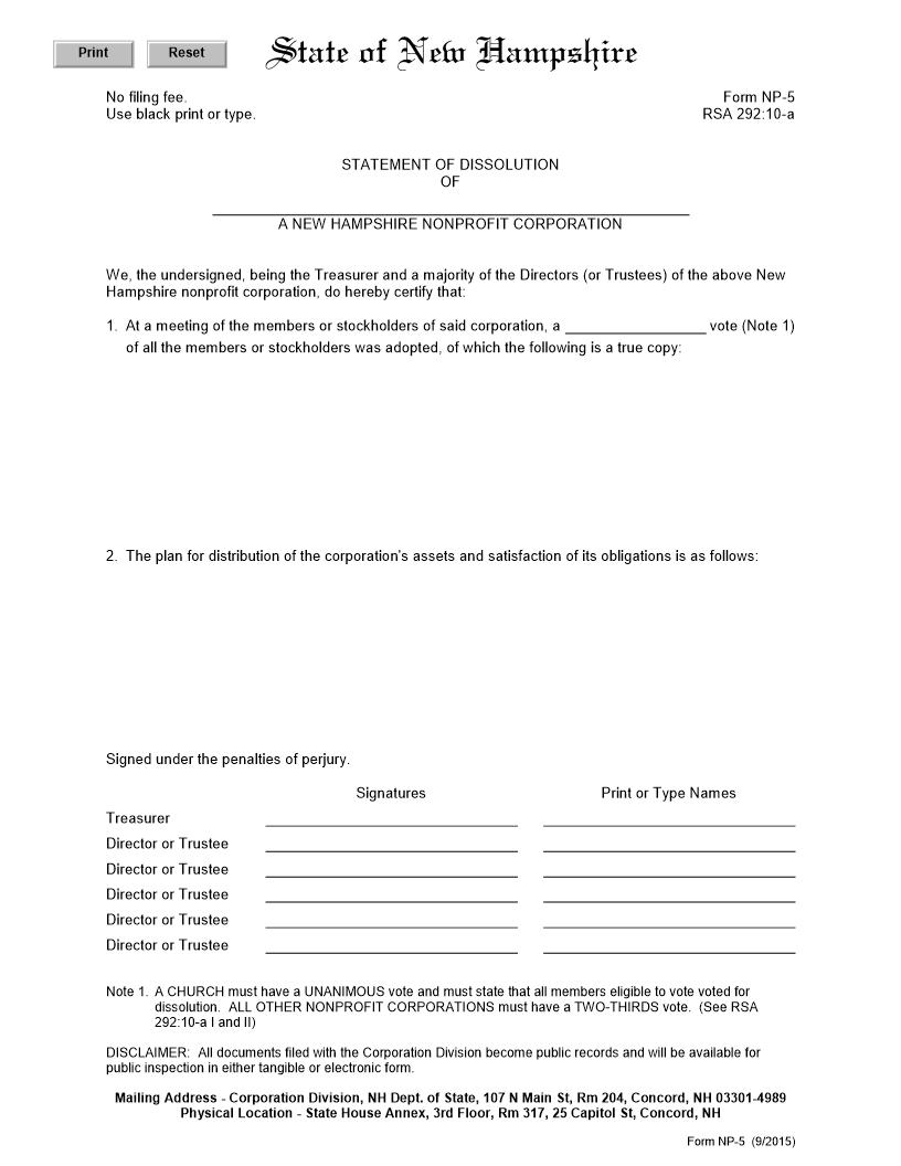 Statement Of Dissolution Of Nonprofit Corp {NP-5} | Pdf Fpdf Docx | New Hampshire