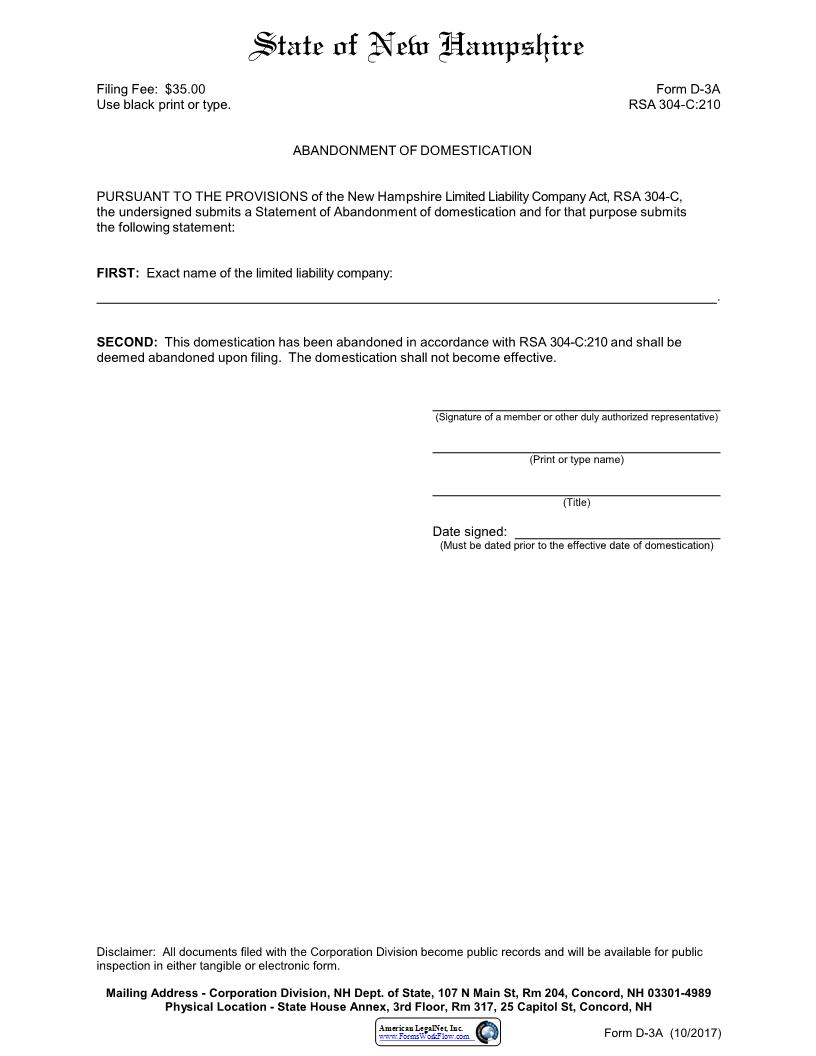 Abandonment Of Domestication {D-3A} | Pdf Fpdf Docx | New Hampshire