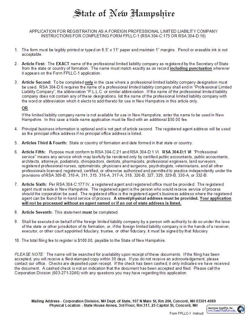 Application For Registration As A Foreign Professional LLC {FPLLC 1} | Pdf Fpdf Docx | New Hampshire