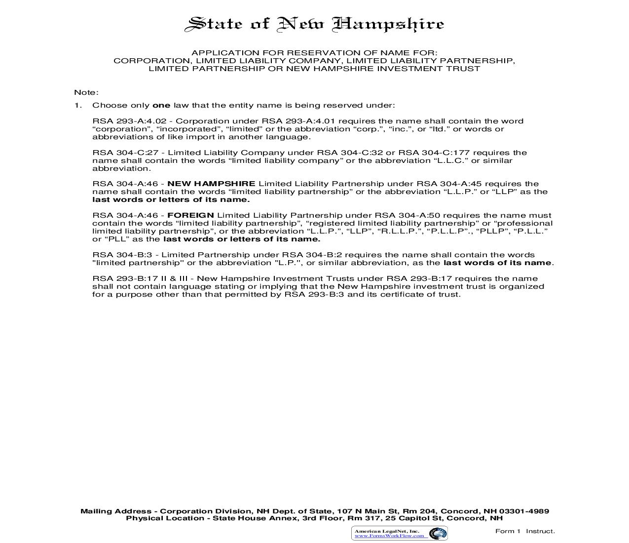 Application For Reservation Of Name {1} |  | New Hampshire