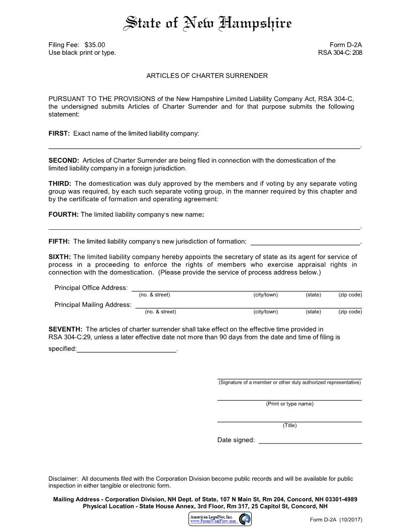 Articles Of Charter Surrender {D-2A} | Pdf Fpdf Docx | New Hampshire