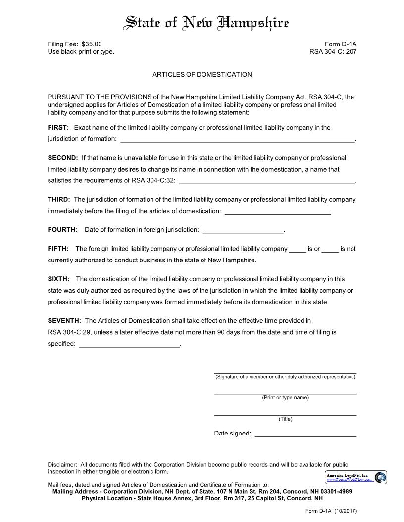 Articles Of Domestication {D-1A} | Pdf Fpdf Docx | New Hampshire