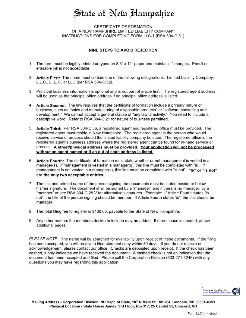 Certificate Of Formation New Hampshire Limited Liability Company {LLC-1} | Pdf Fpdf Docx | New Hampshire