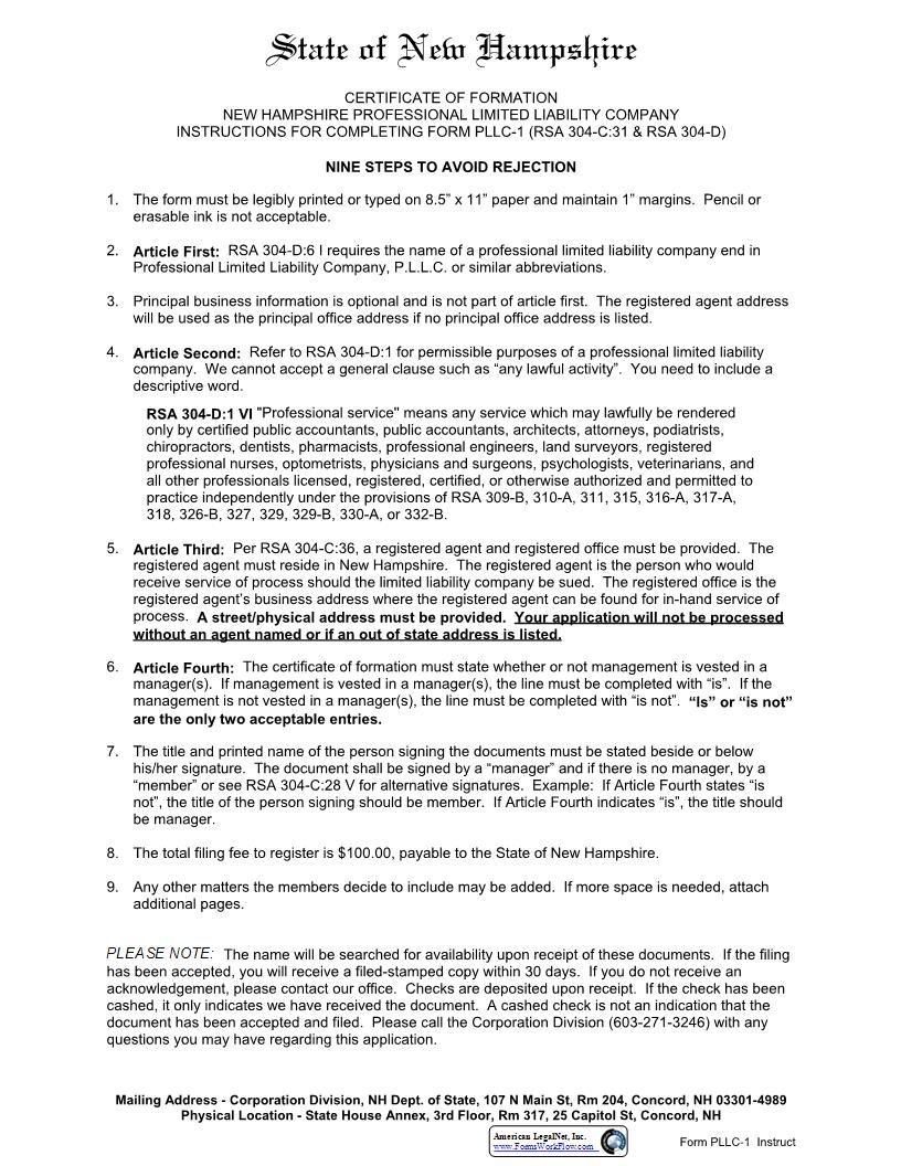 Certificate Of Formation New Hampshire Professional LLC {PLLC-1} | Pdf Fpdf Docx | New Hampshire
