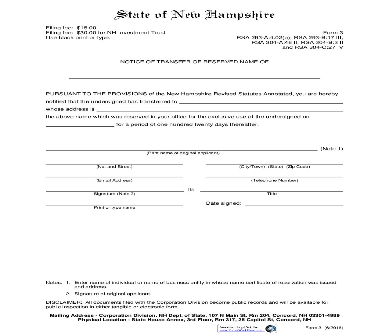 Notice Of Transfer Of Reserved Name {3} |  | New Hampshire
