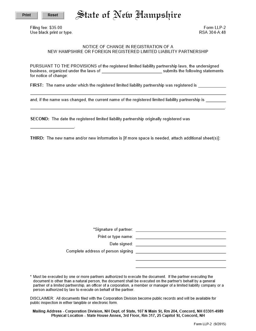 Notice Of Change In Registration {LLP-2} | Pdf Fpdf Docx | New Hampshire