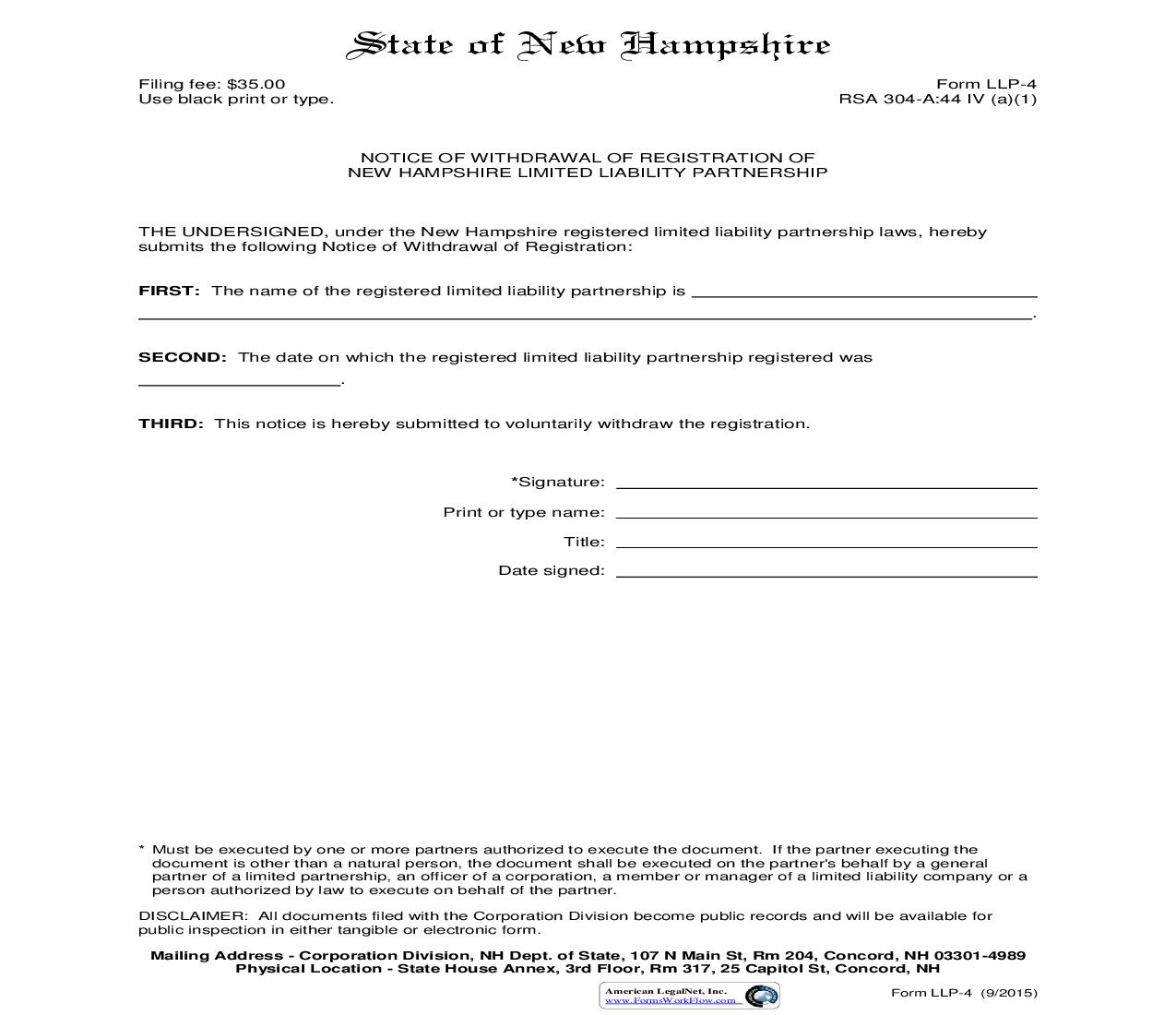 Notice Of Withdrawal Of Registration Of New Hampshire LLP {LLP 4} | Pdf Fpdf Doc Docx | New Hampshire