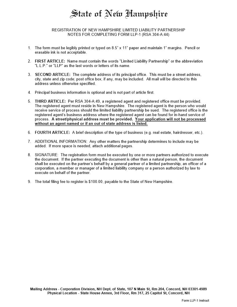 Registration Of Domestic LLP {LLP-1} | Pdf Fpdf Docx | New Hampshire