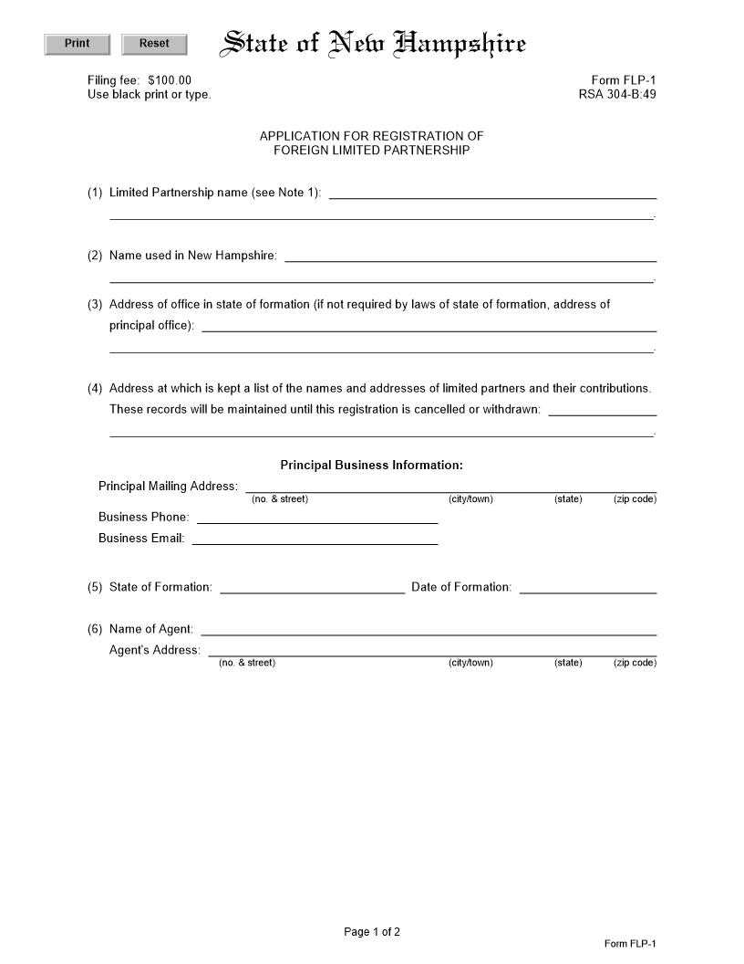Application For Registration Of Foreign LP {FLP-1} | Pdf Fpdf Docx | New Hampshire