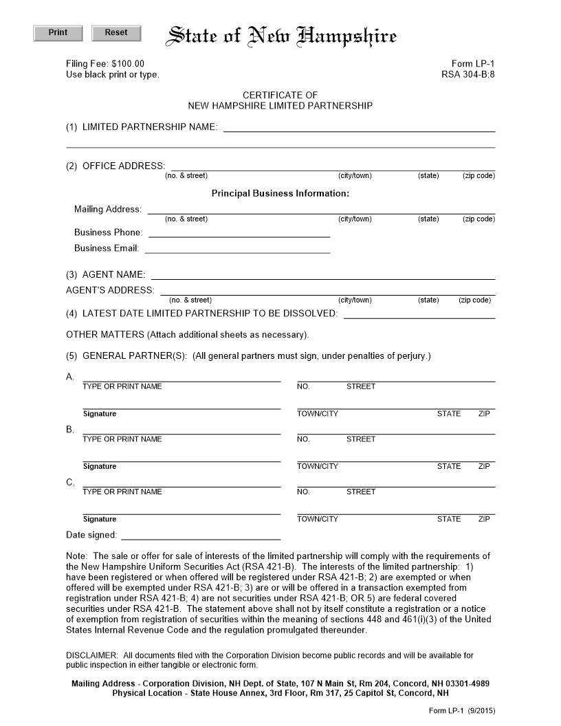 Certificate Of Limited Partnership {LP-1} | Pdf Fpdf Docx | New Hampshire