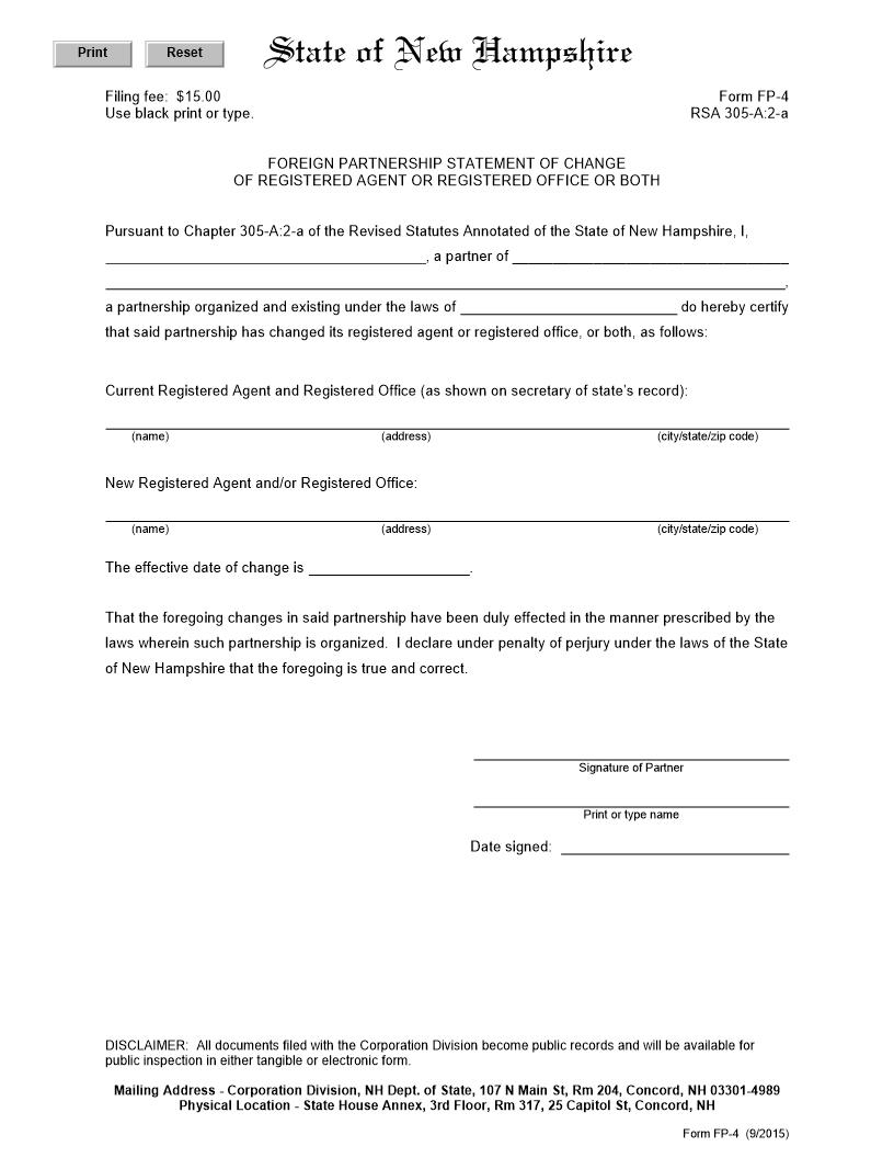 Statement Of Change Of Registered Agent {FP-4} | Pdf Fpdf Docx | New Hampshire