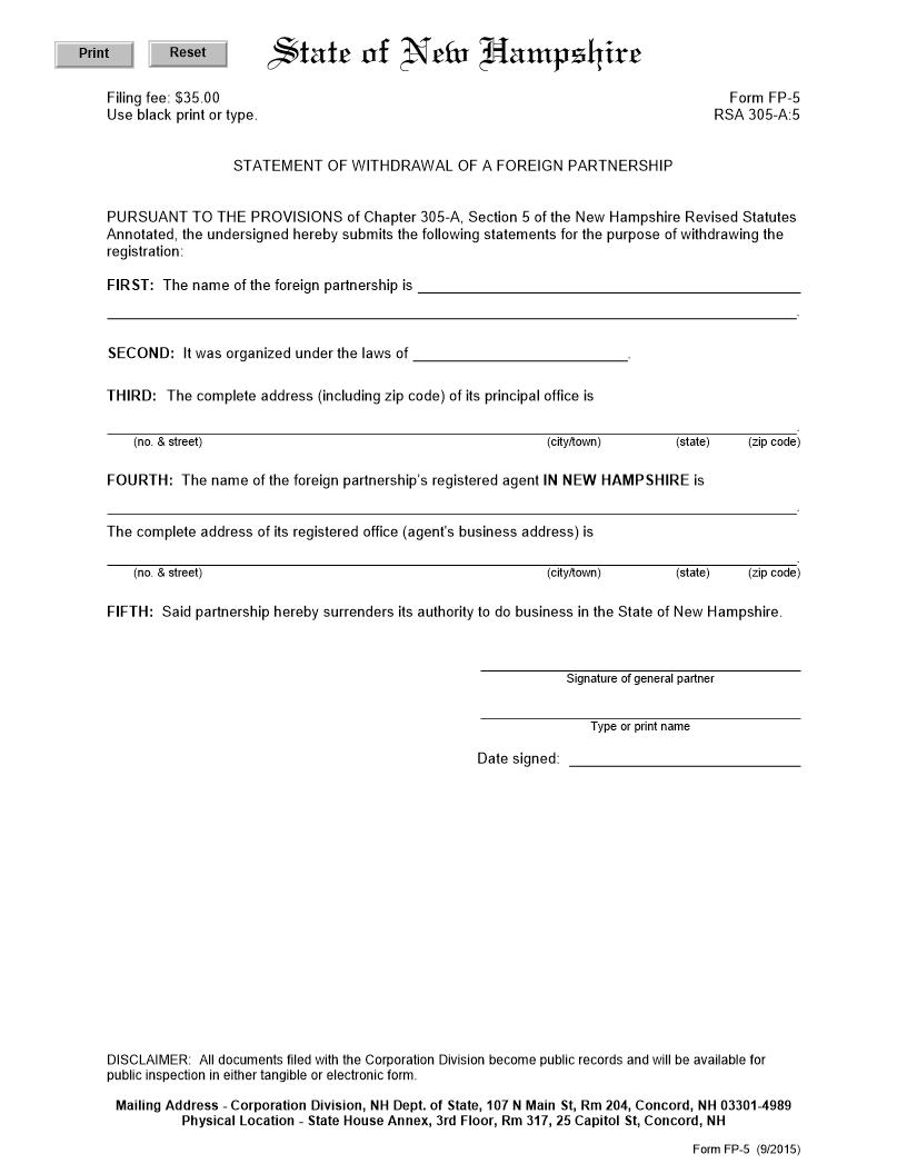 Statement Of Withdrawal Of Foreign Partnership {FP-5} | Pdf Fpdf Docx | New Hampshire