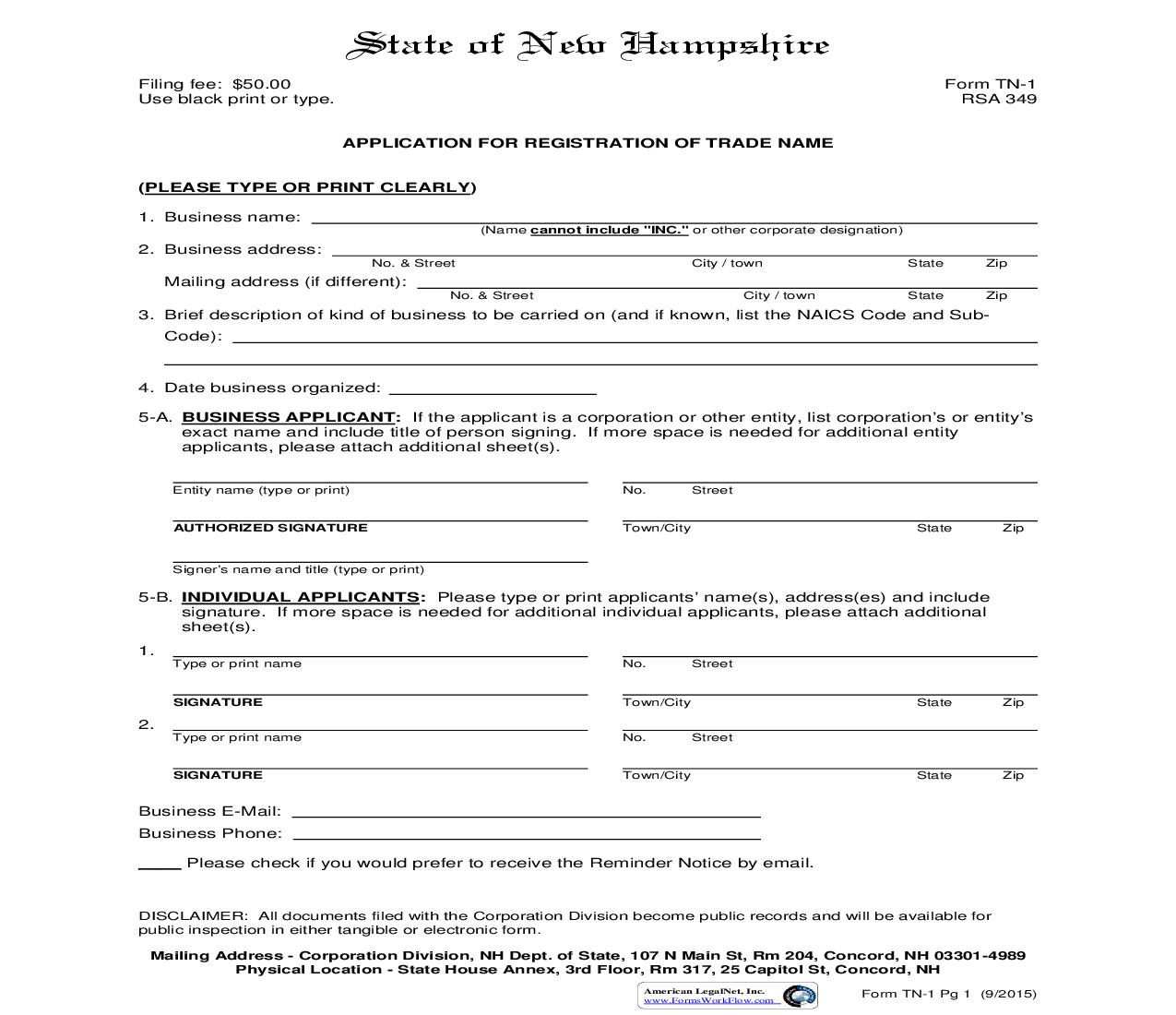 Application For Registration Of Trade Name {TN 1} | Pdf Fpdf Doc Docx | New Hampshire