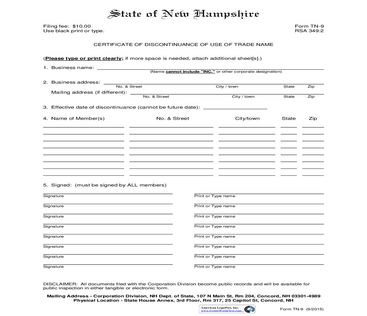 Certificate Of Discontinuance Of Use Of Trade Name {TN 9} | Pdf Fpdf Doc Docx | New Hampshire