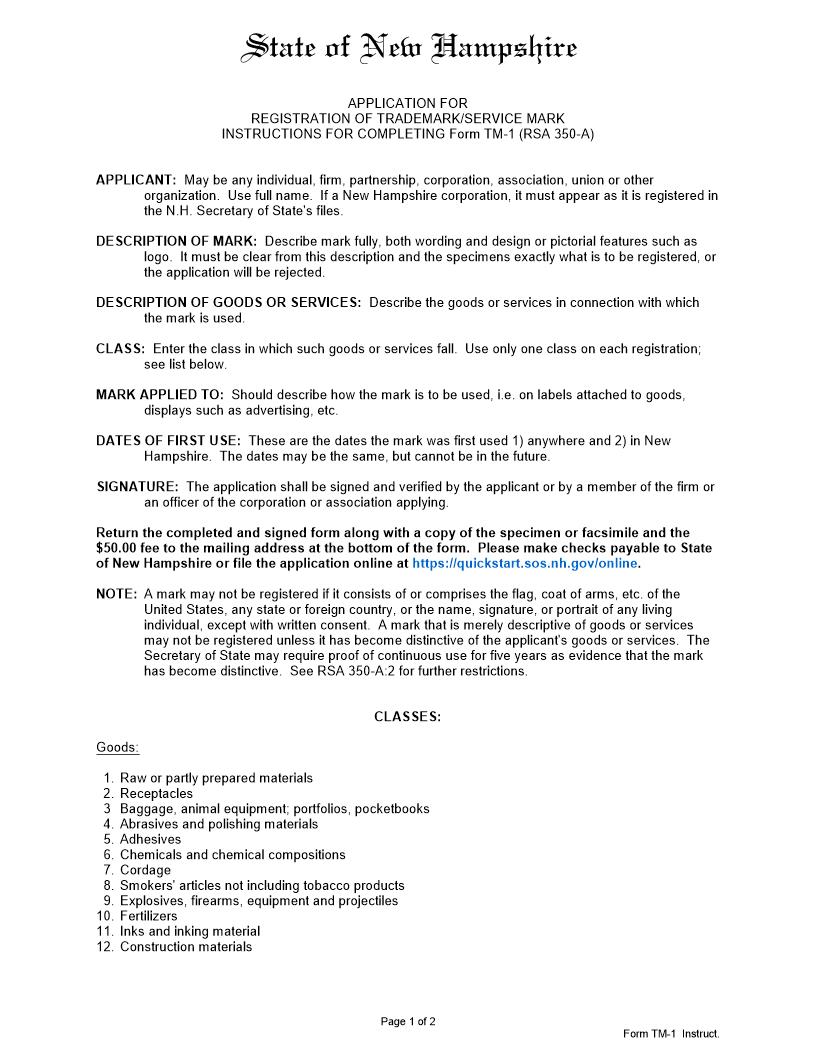 Application For Registration Of Trademark Or Servicemark {TM 1} | Pdf Fpdf Doc Docx | New Hampshire
