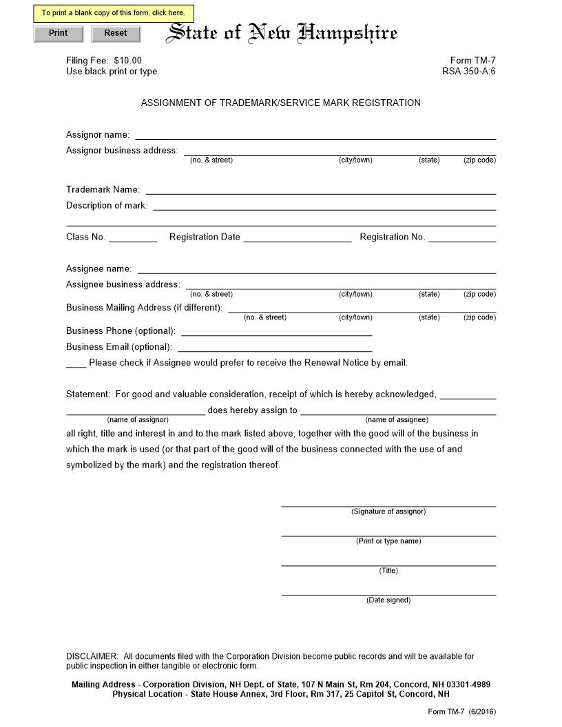 Assignment Of Trademark Or Servicemark Registration {TM 7} | Pdf Fpdf Doc Docx | New Hampshire