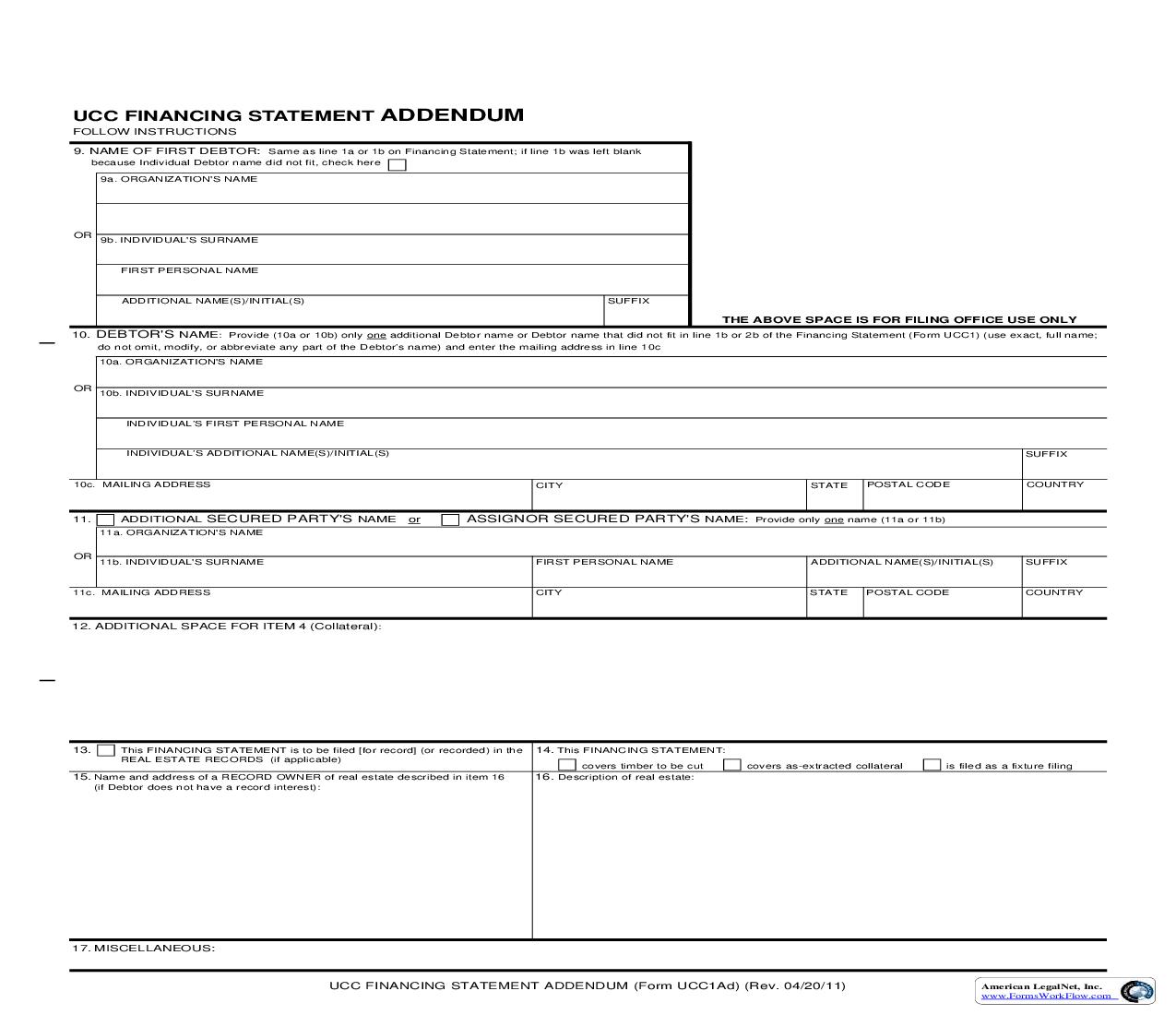 UCC Financing Statement Addendum {UCC1Ad} | Pdf Fpdf Doc Docx | New Hampshire