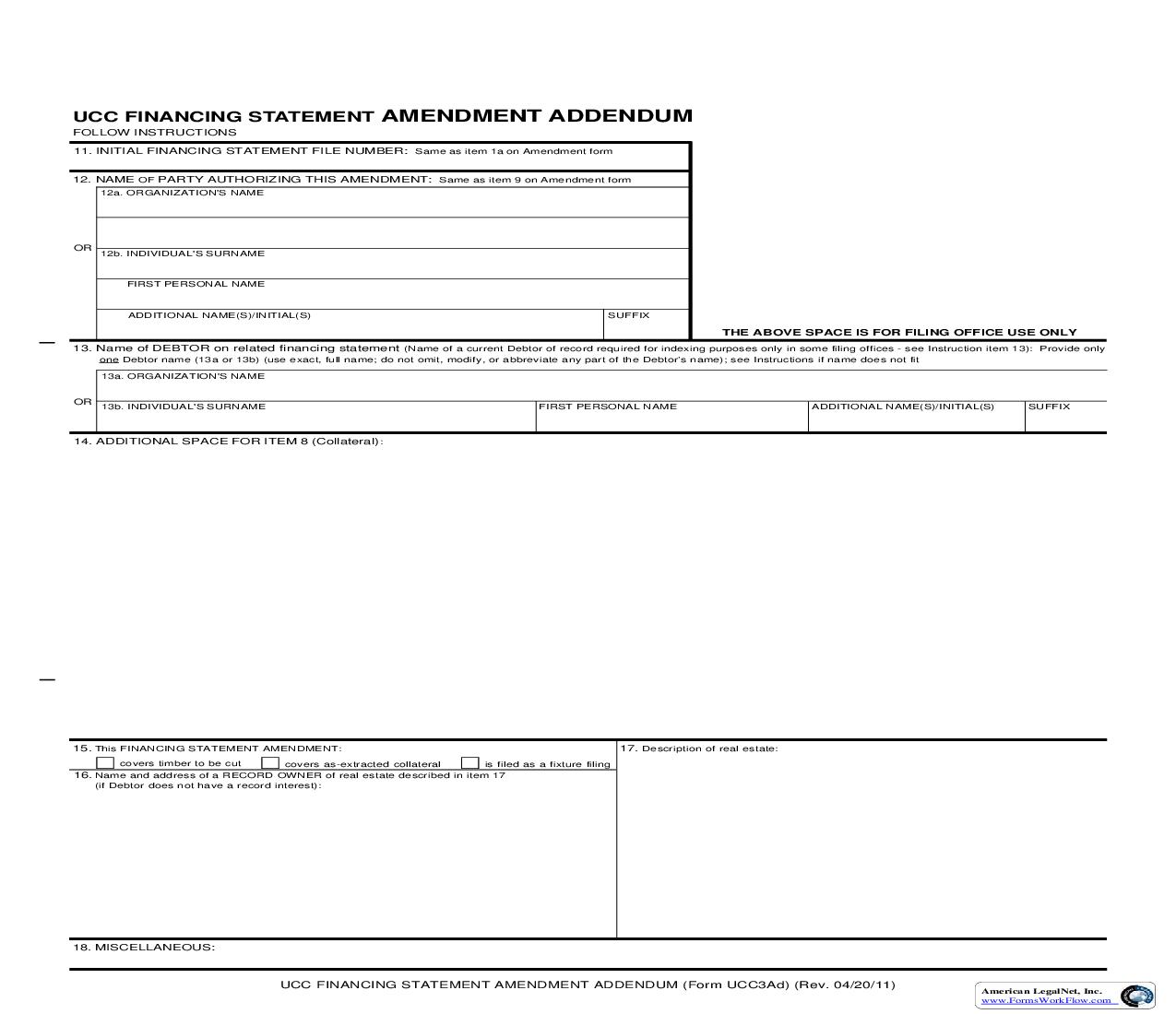 UCC Financing Statement Amendment-Addendum {UCC3Ad} | Pdf Fpdf Doc Docx | New Hampshire