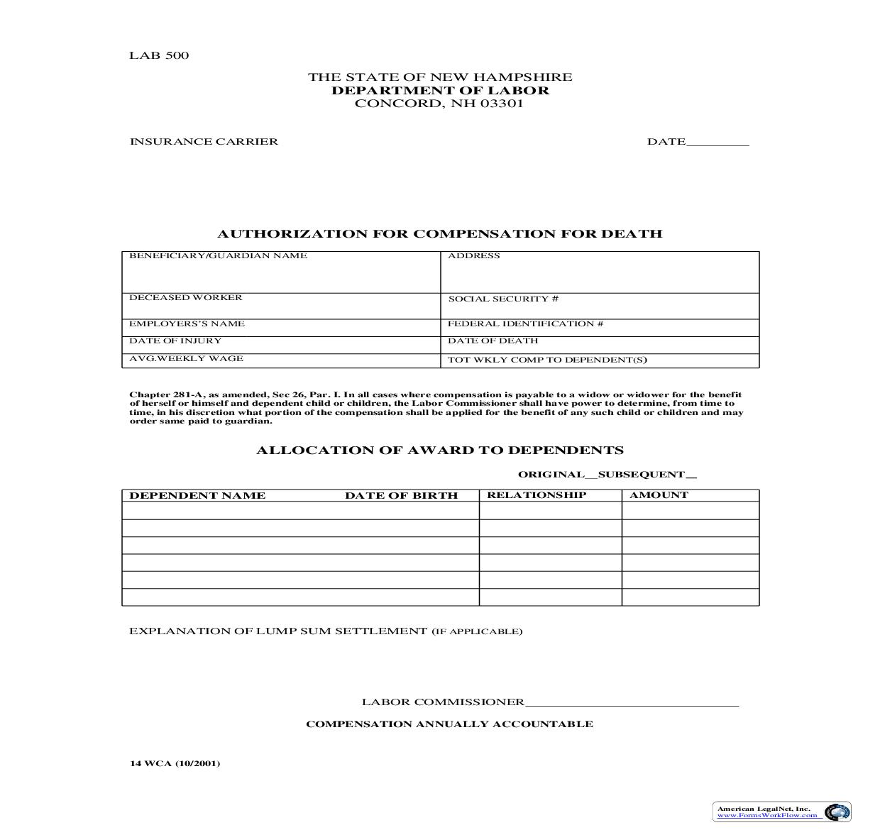Authorization For Compensation For Death {14 WCA} | Pdf Fpdf Doc Docx | New Hampshire