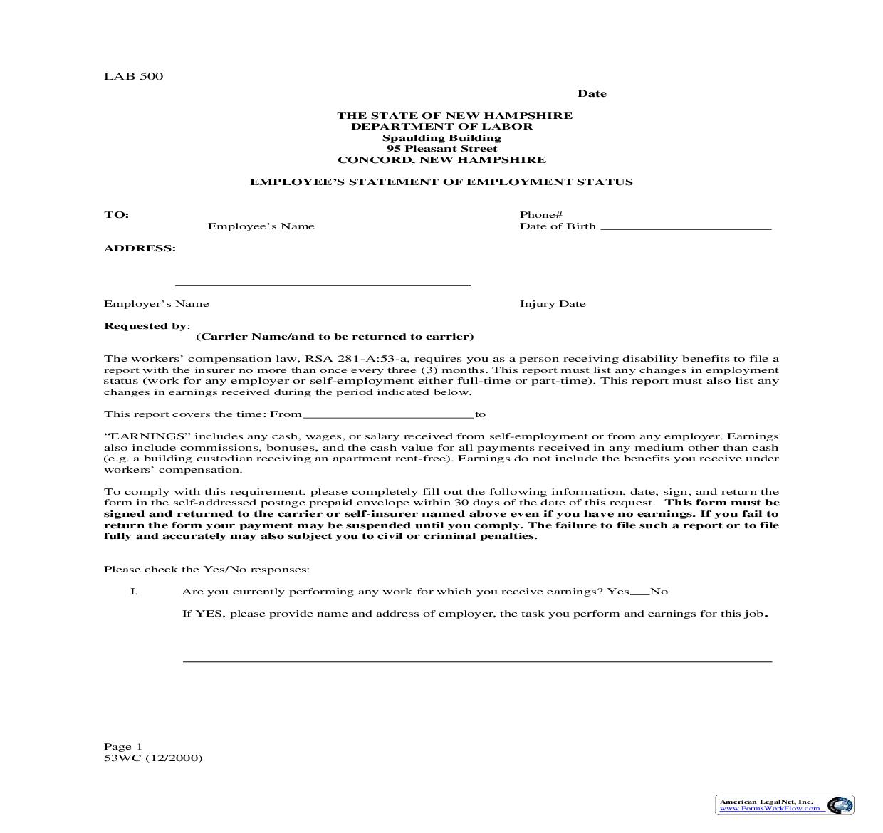 Employees Statement Of Employment Status {53 WC} | Pdf Fpdf Doc Docx | New Hampshire