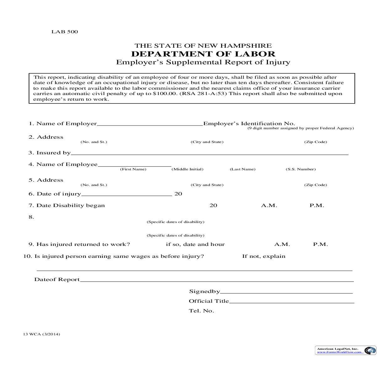 Employers Supplemental Report Of Injury {13 WCA} | Pdf Fpdf Doc Docx | New Hampshire
