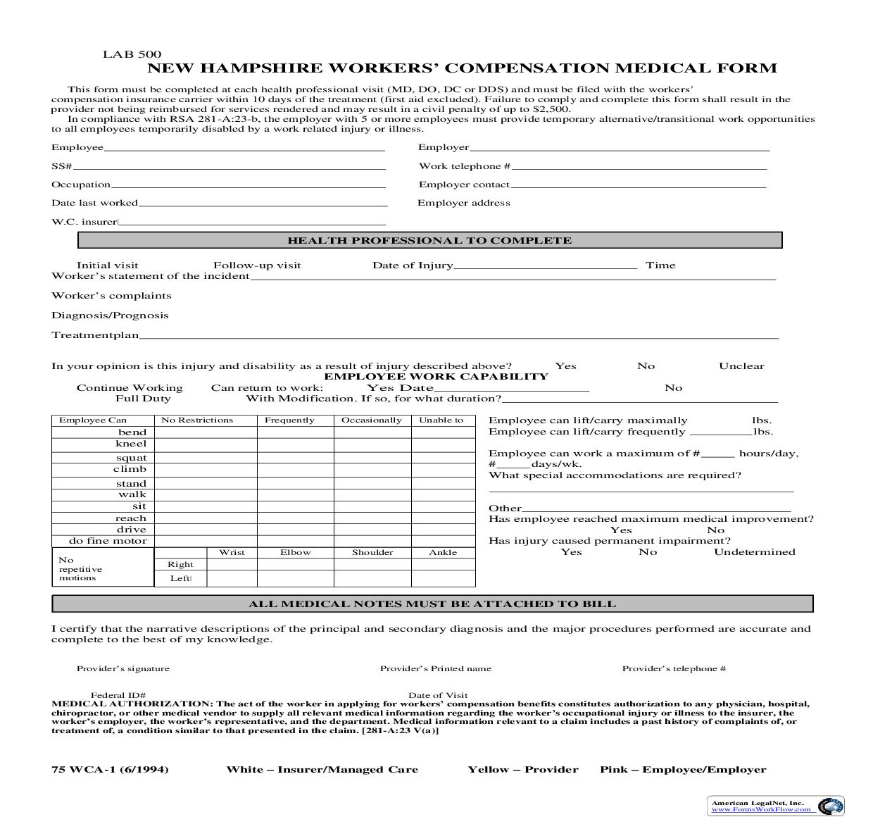 Medical Form {75 WCA-1} | Pdf Fpdf Doc Docx | New Hampshire