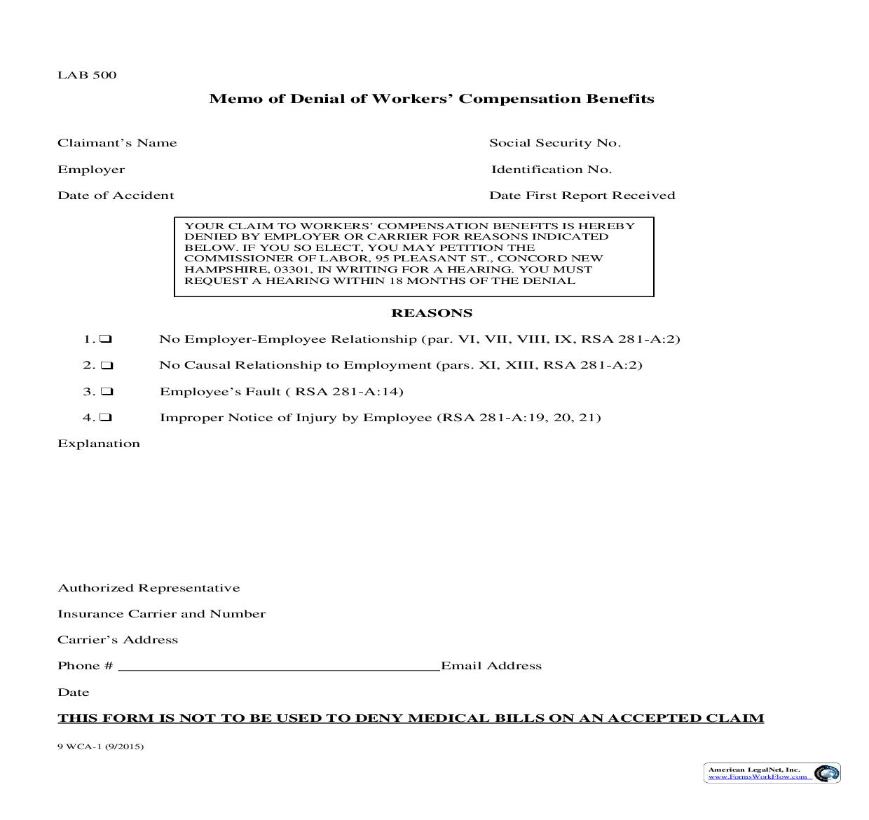 Memo Of Denial Of Workers Compensation Benefits {9 WCA-1} | Pdf Fpdf Doc Docx | New Hampshire