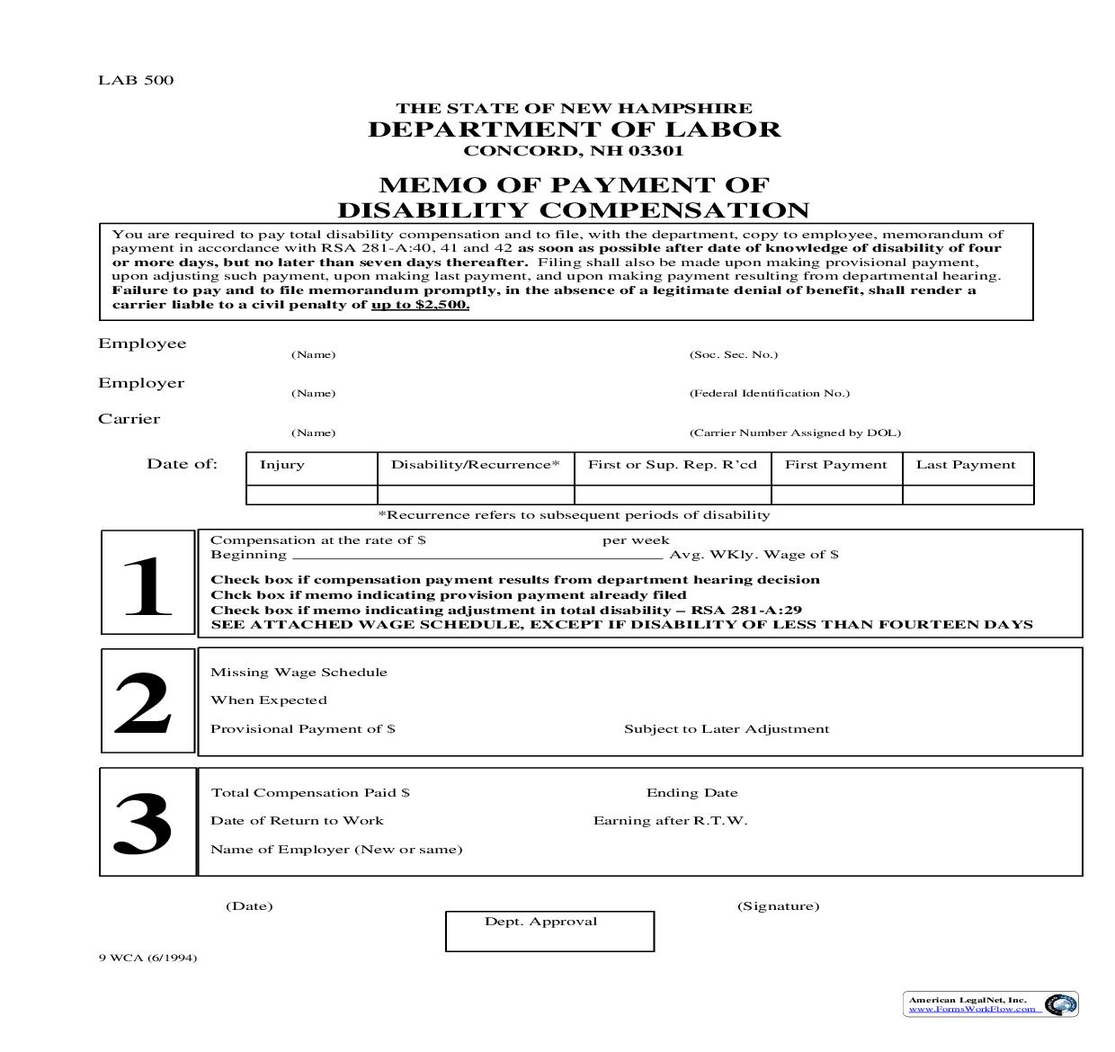 Memo Of Payment Of Disability Compensation {9 WCA} | Pdf Fpdf Doc Docx | New Hampshire